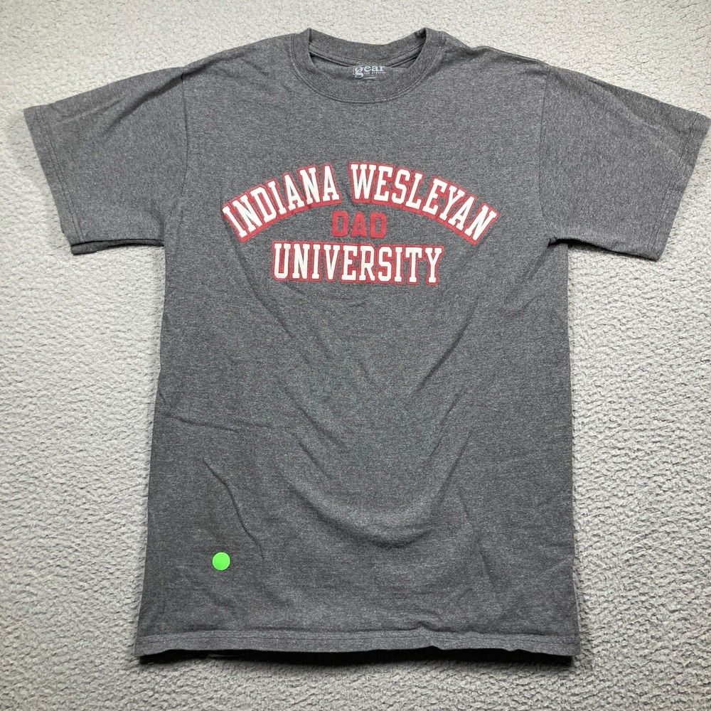 Indiana Wesleyan University "Dad" T Shirt Adult Medium Gray Short Sleeve STAINS